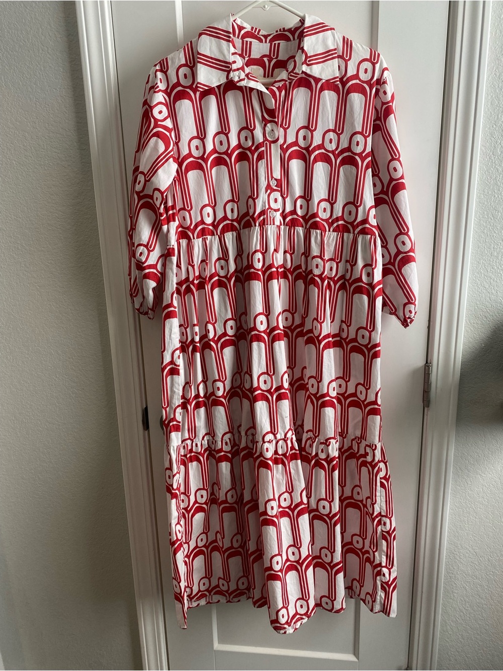 Maeve Bettina Anthropologie Red & White Geometric Button-Front Midi Dress